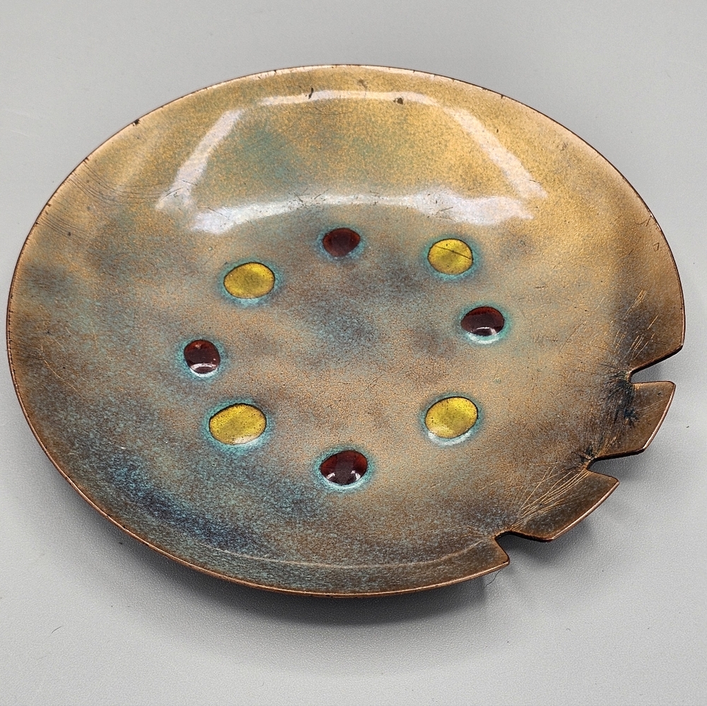MCM Bovano of Cheshire Enamel Copper Ashtray Trinket Dish CT Art Handmade USA‎